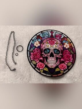 Sugar Skull Day of the Dead Graphic Acrylic Round Sign Sun Catcher Metal Hanger